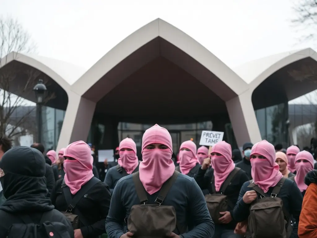 Protesters in pink balaclavas swarm Russia’s pavilion at Venice Biennale and release colored smoke